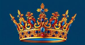 Rappresentazione artistica di una corona imperiale su uno sfondo blu e oro con ornamenti barocchi.