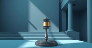 Abstract representation of a courtroom with a gavel, symbolising judicial decisions and political themes.