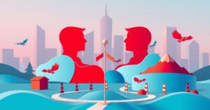 Rappresentazione della lotta politica in un contesto americano, con simboli astratti delle due principali fazioni e elementi innovativi.
