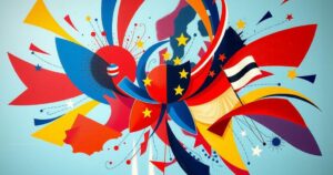 Elezioni europee e influenze politiche, astratto con colori vivi e forme geometriche.
