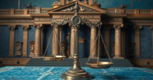 Un simbolo della giustizia con bilancia su sfondo istituzionale, rappresentante l'equilibrio tra potere e legislazione.