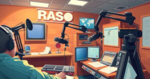 Stazione radio e tv pubblica in funzione, oggetti di comunicazione e trasmissione, toni caldi e accoglienti.