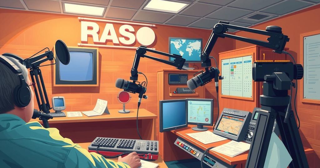 Stazione radio e tv pubblica in funzione, oggetti di comunicazione e trasmissione, toni caldi e accoglienti.