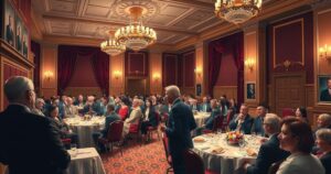 Un incontro di politici con un pubblico attento in una sala elegante, circondati da decorazioni sobrie.