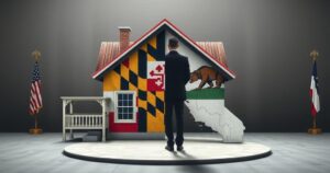 A representation of a political debate, featuring symbolic imagery of a house split between two states in neutral tones.