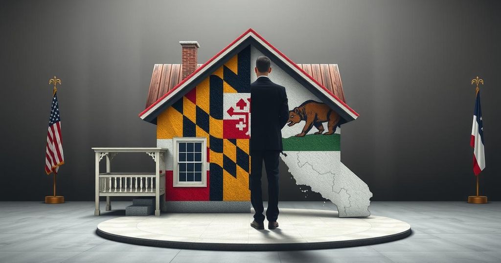 A representation of a political debate, featuring symbolic imagery of a house split between two states in neutral tones.