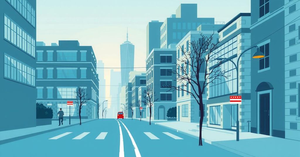 Illustrazione che rappresenta gli elettori indipendenti, caratterizzata da paesaggi urbani sereni e toni blu e verdi calmanti.