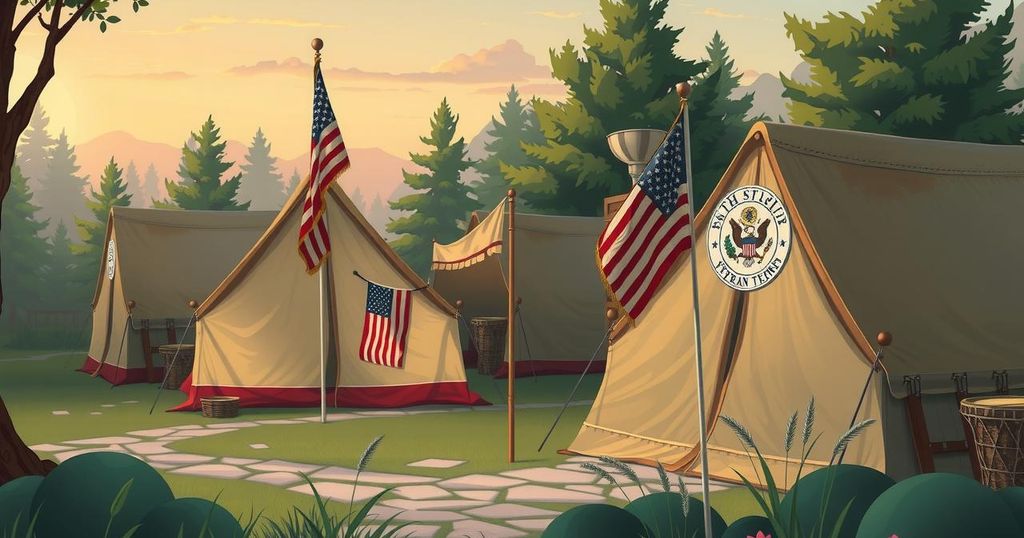 Un accampamento militare con tende e simboli di sostegno ai veterani, ambientato in un'atmosfera serena.