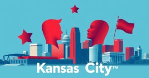 Rappresentazione artistica della politica a Kansas City, con toni di blu e rosso e uno sfondo urbano