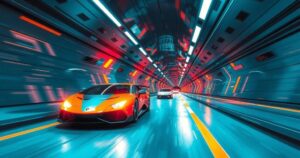 Un tunnel sotterraneo futuristico con veicoli che sfrecciano in un paesaggio urbano moderno.