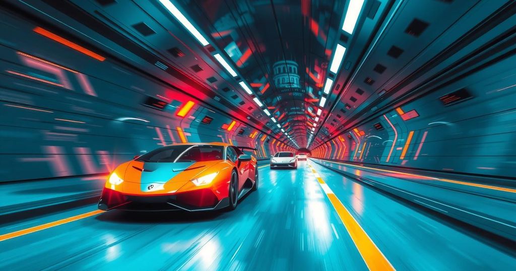 Un tunnel sotterraneo futuristico con veicoli che sfrecciano in un paesaggio urbano moderno.