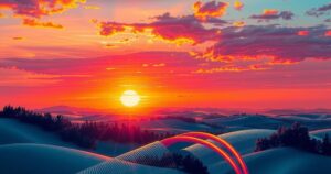 Un paesaggio sereno con un tramonto colorato e simboli di connessione, come cavi e circuiti, in uno stile astratto.