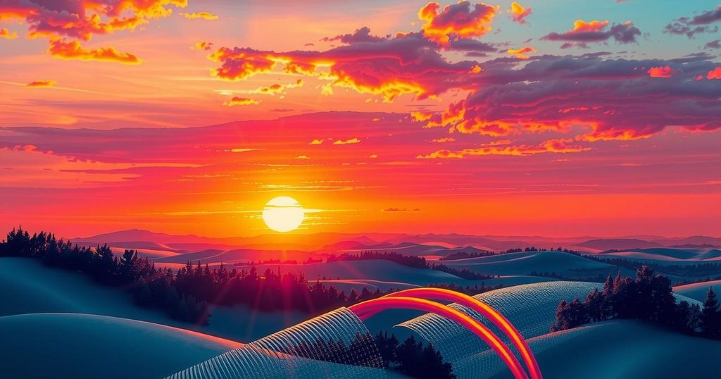 Un paesaggio sereno con un tramonto colorato e simboli di connessione, come cavi e circuiti, in uno stile astratto.