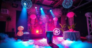Rappresentazione artistica di una festa con decorazioni, ombre e giochi di luce vivaci.