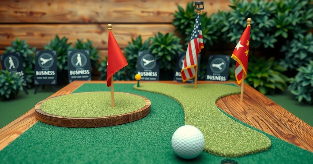 Un grafico simile a una tavola in legno con un modello di golf, simboli di affari e bandiere di campagna in background.