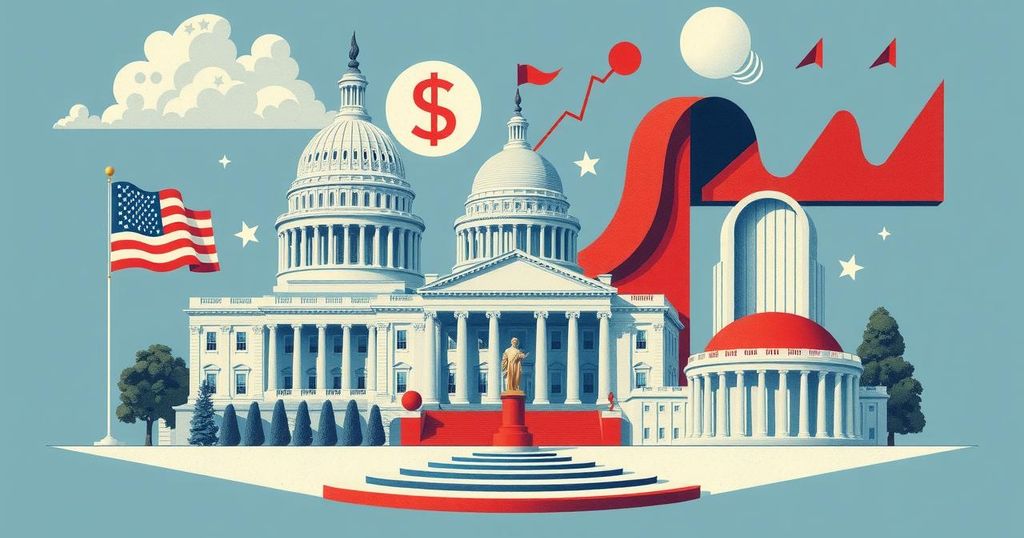 Rappresentazione grafica della politica americana, con simboli e concetti di economia, potere e decisioni bipartisan.