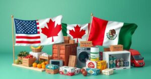 Rappresentazione simbolica delle tensioni commerciali tra Stati Uniti, Canada e Messico, illustrata con bandiere e merci.