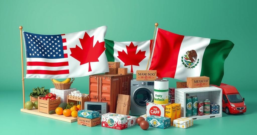 Rappresentazione simbolica delle tensioni commerciali tra Stati Uniti, Canada e Messico, illustrata con bandiere e merci.