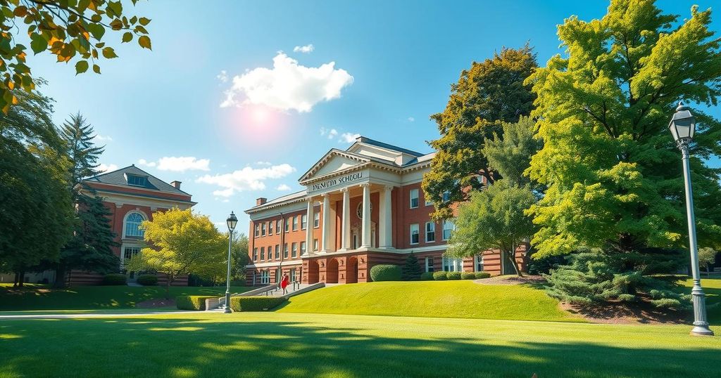 A serene campus scene at Harvard with greenery, the Kennedy School building, and a blue sky, symbolizing leadership education.