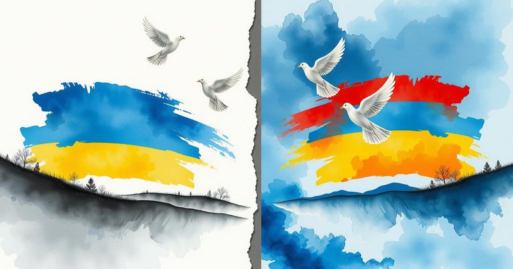 Rappresentazione simbolica del dialogo politico per la pace con elementi di diplomazia e tensione.