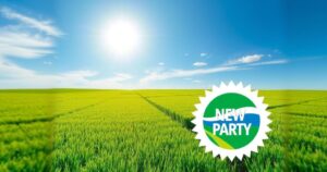 Partito America, simbolo di una nuova era politica in mezzo a una sterminata distesa verde, atmosfera ottimistica.