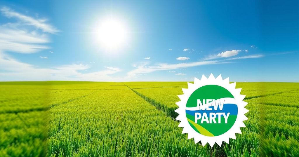 Partito America, simbolo di una nuova era politica in mezzo a una sterminata distesa verde, atmosfera ottimistica.