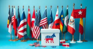 Una scena politica europea con bandiere, simboli di partiti e votazioni, colori vivaci per rappresentare il dibattito politico.