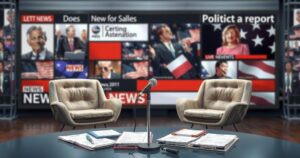 A political discussion set with microphones, papers, and a digital backdrop of news headlines, reflecting media analysis.