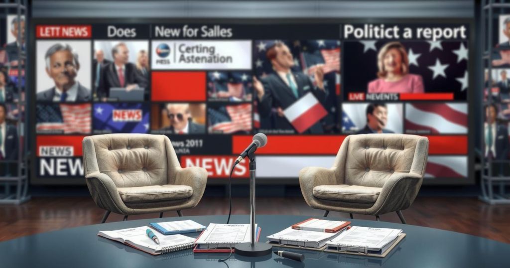 A political discussion set with microphones, papers, and a digital backdrop of news headlines, reflecting media analysis.