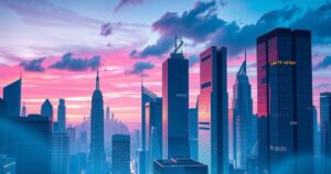 Un paesaggio urbano futuristico di New York con edifici moderni e un cielo dinamico blu-viola.