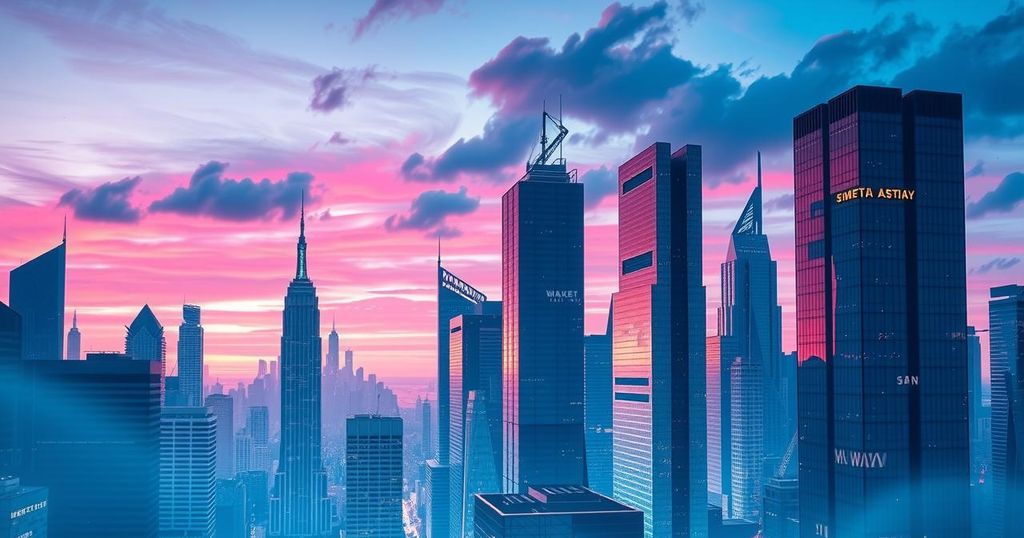 Un paesaggio urbano futuristico di New York con edifici moderni e un cielo dinamico blu-viola.