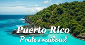 Ritratto dell'isola di Puerto Rico con acque turchesi e paesaggi lussureggianti, simbolo di orgoglio e resilienza.