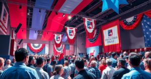 A vibrant conference scene showcasing a lively discussion among supporters, with bold patriotic colours and banners.