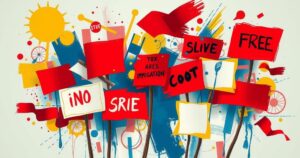 A conceptual artwork depicting immigration with protest symbols and vibrant colours, representing societal challenges.