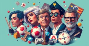 Un collage di elementi politici e giochi d'azzardo, colori vivaci e uno stile contemporaneo.
