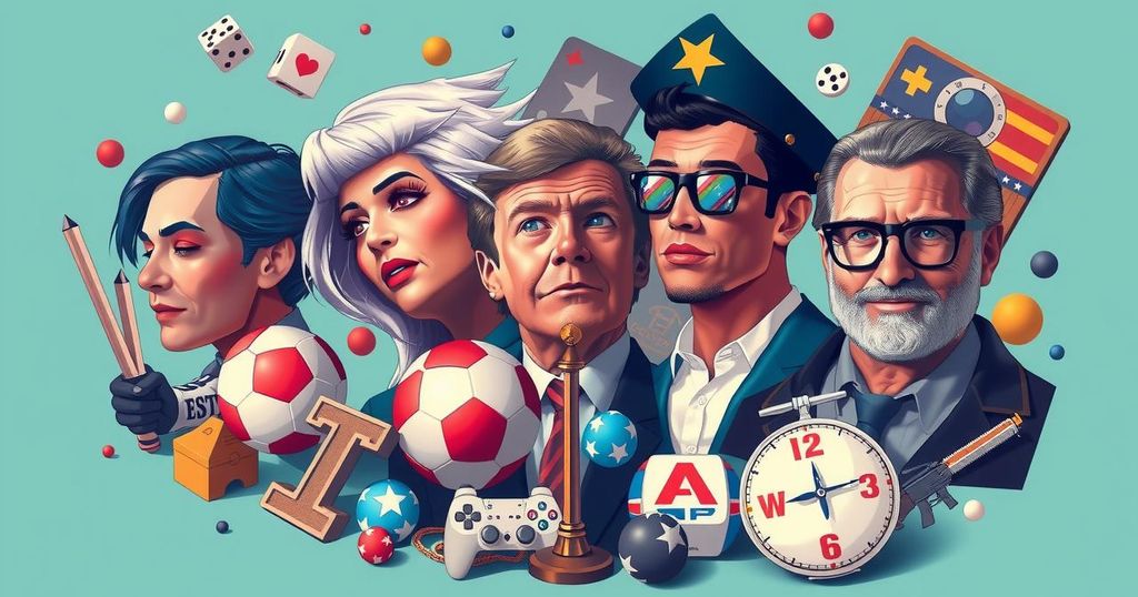 Un collage di elementi politici e giochi d'azzardo, colori vivaci e uno stile contemporaneo.