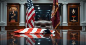 Politician's desk with a U.S. flag, red, white, and blue color scheme, sharp focus, evoking a sense of authority.