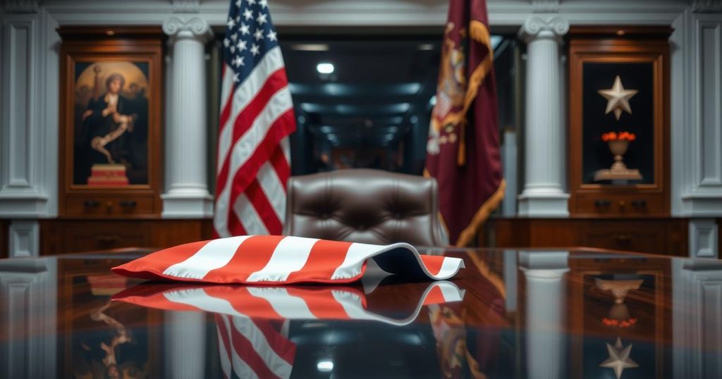 Politician's desk with a U.S. flag, red, white, and blue color scheme, sharp focus, evoking a sense of authority.