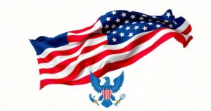 Una bandiera americana sventola sopra un simbolo di unità e democrazia, in uno sfondo vivace.