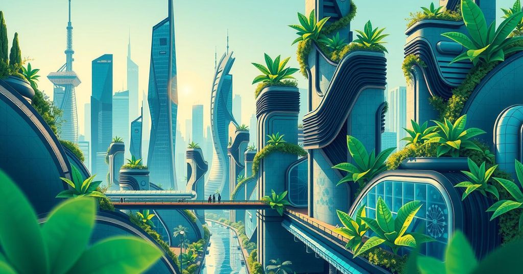 Rappresentazione astratta di un paesaggio urbano con elementi di tecnologia e natura in armonia.