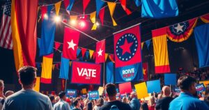 Manifestazione politica con bandiere, decorazioni e folle di sostenitori in attesa tra colori vivaci.
