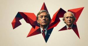 An abstract representation of political tension in Washington with muted colours and sharp geometric shapes.