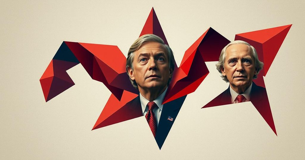 An abstract representation of political tension in Washington with muted colours and sharp geometric shapes.