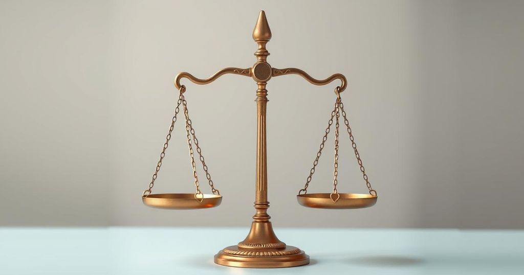Striking legal scales representing gender and identity, set against a backdrop of an American flag, in muted colors.