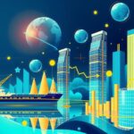 Un grafico futuristico che rappresenta il commercio globale, l'innovazione tecnologica e le sfide economiche, in uno stile moderno.