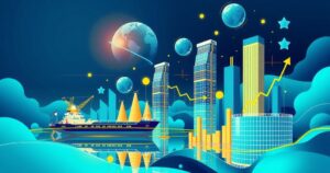 Un grafico futuristico che rappresenta il commercio globale, l'innovazione tecnologica e le sfide economiche, in uno stile moderno.