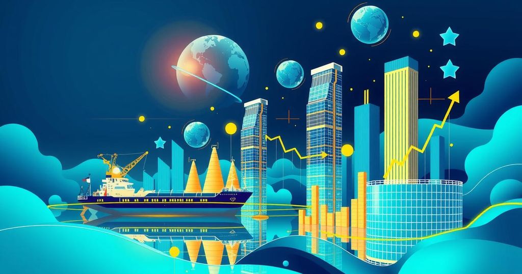 Un grafico futuristico che rappresenta il commercio globale, l'innovazione tecnologica e le sfide economiche, in uno stile moderno.