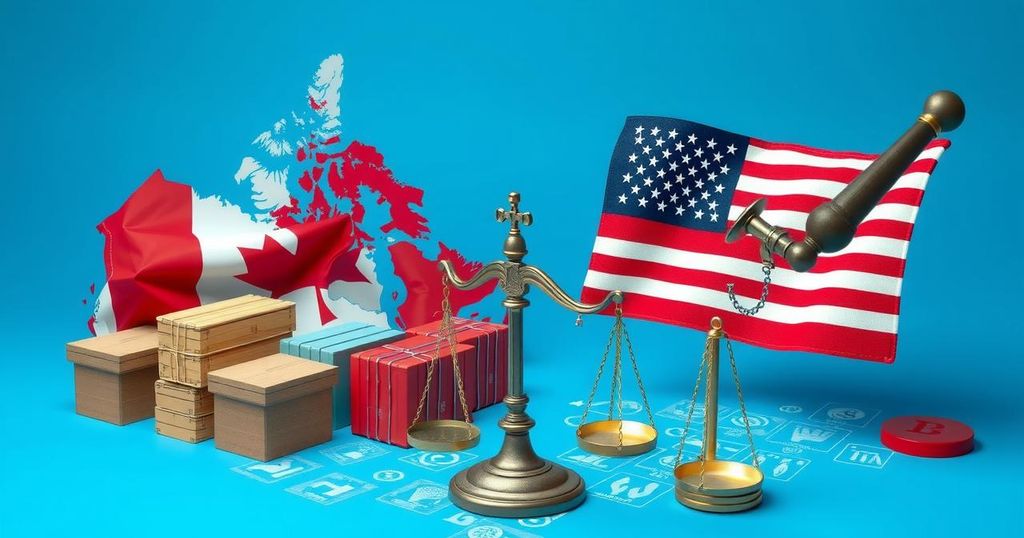 Scena di negoziazione commerciale tra Canada e Stati Uniti, con simboli di scambio e grafica di leggi su sfondo blu.
