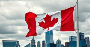 Una bandiera canadese con orizzonte urbano e nuvole grigie, rappresenta cambiamenti politici e incertezze.