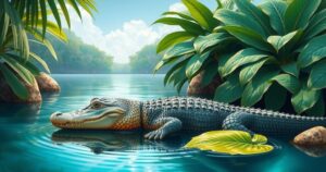 Alligator in a serene natural setting with tropical foliage and calm waters, showcasing nature's wildlife beauty.